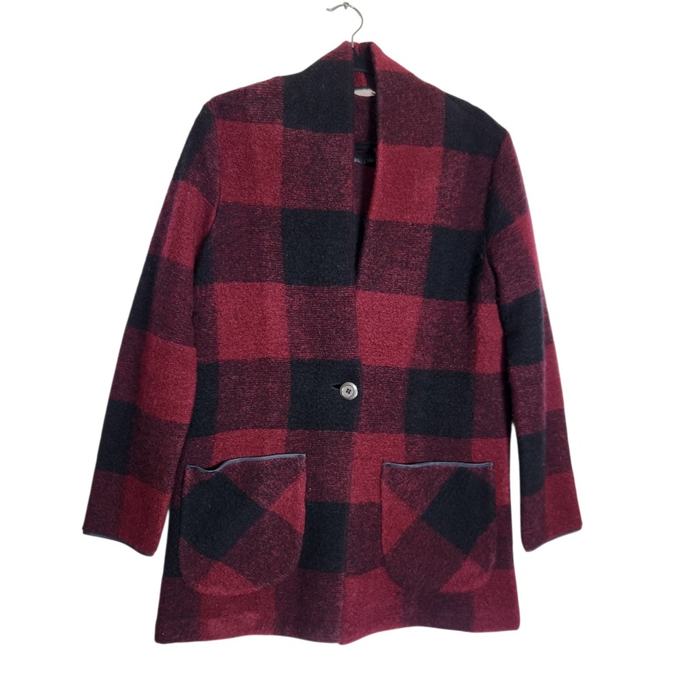 Soft Surroundings Buffalo Plaid Wool Blend Cardigan Coat Red Black S 2AT13
